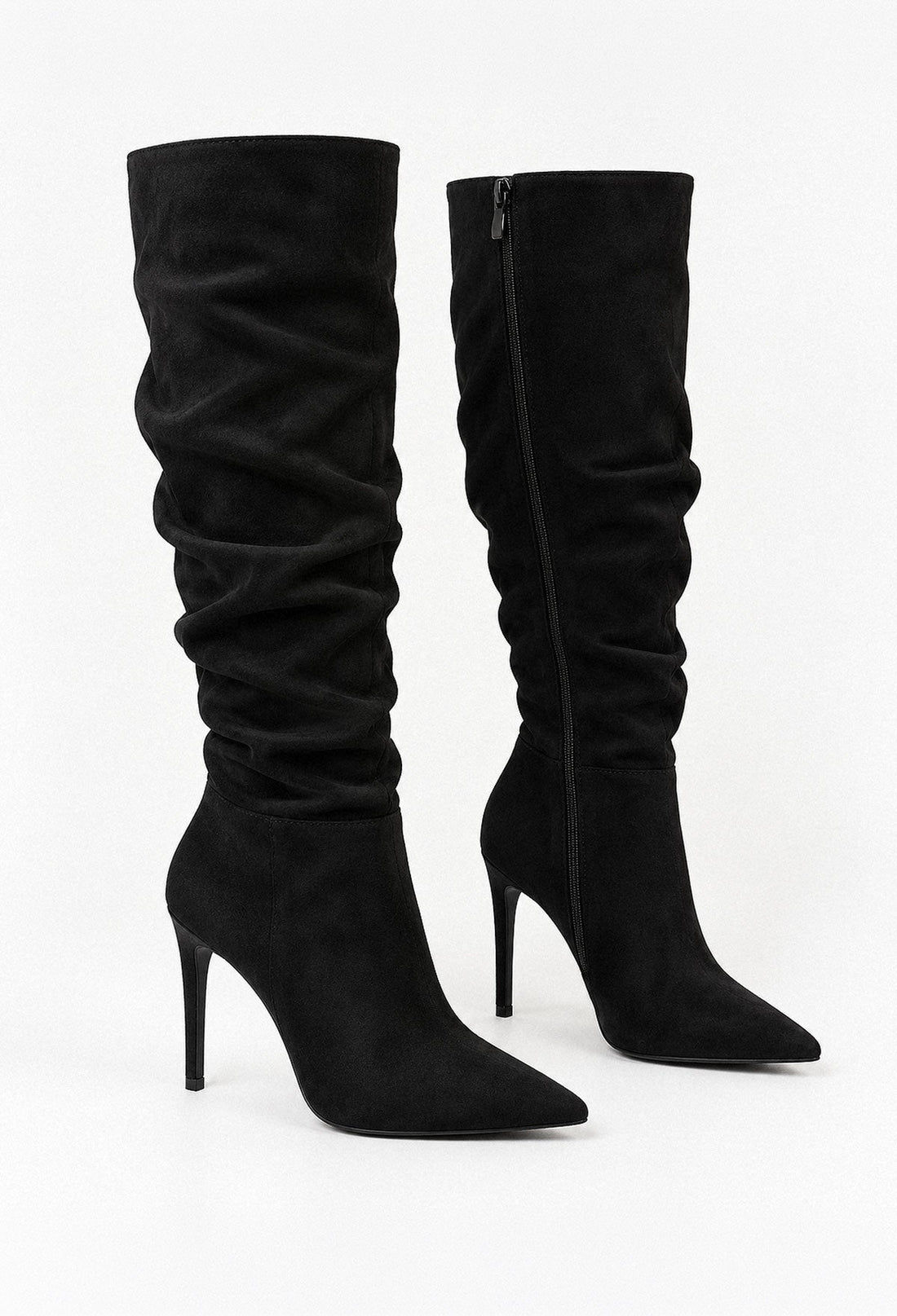 Chic Step Black Ruched Faux Suede High Knee Heel Boots